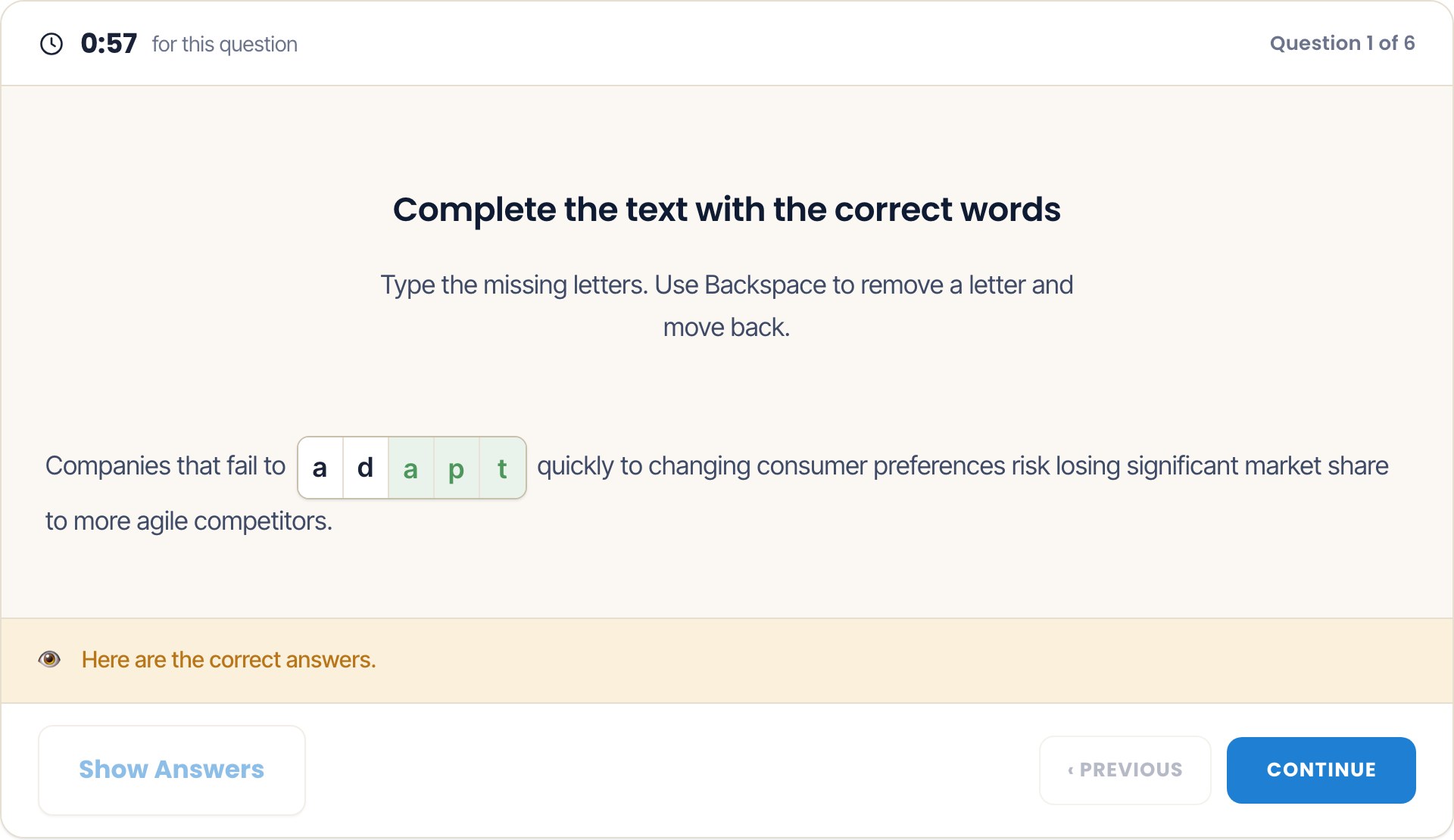 Duolingo English Test Fill in the Blank answer-check screen