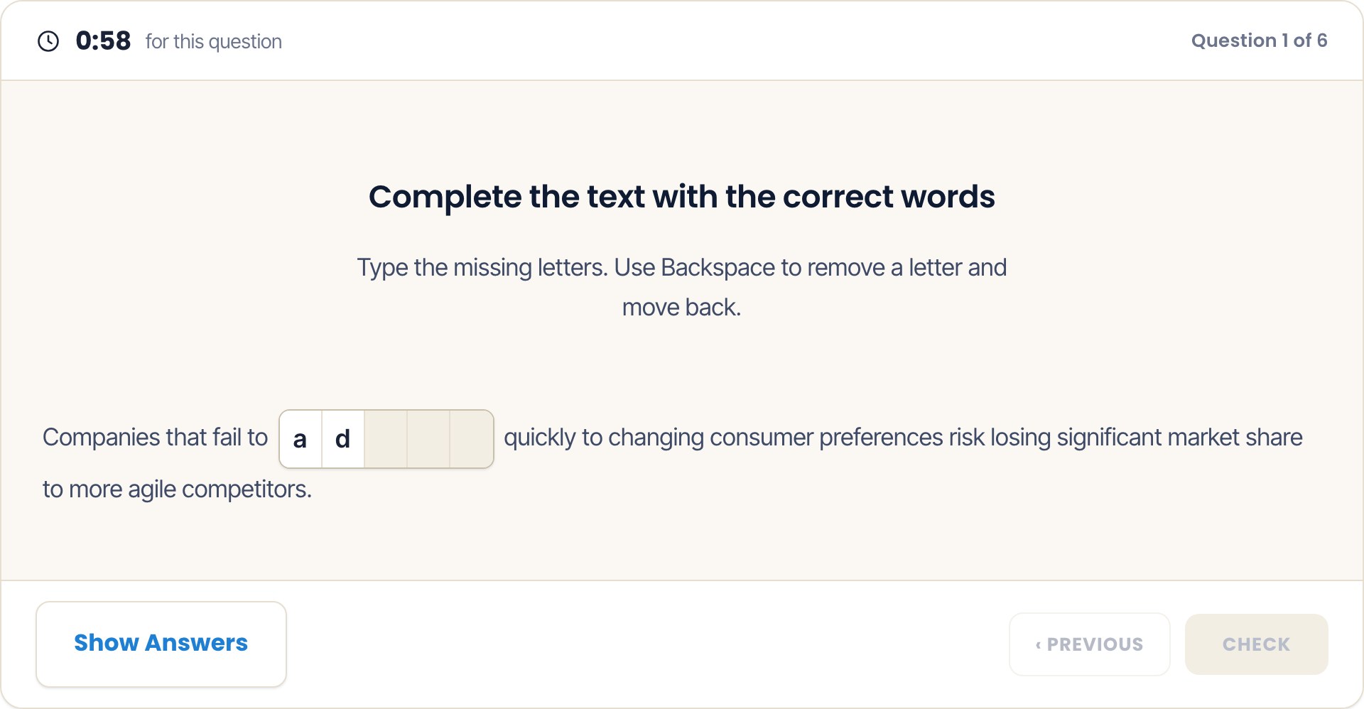 Duolingo English Test Fill in the Blank question screen
