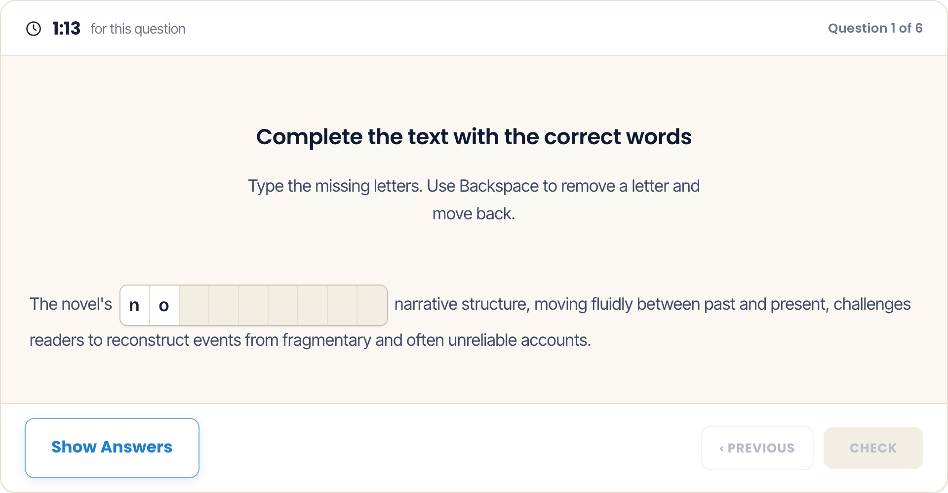 Duolingo English Test Fill in the Blank hard-level question screen