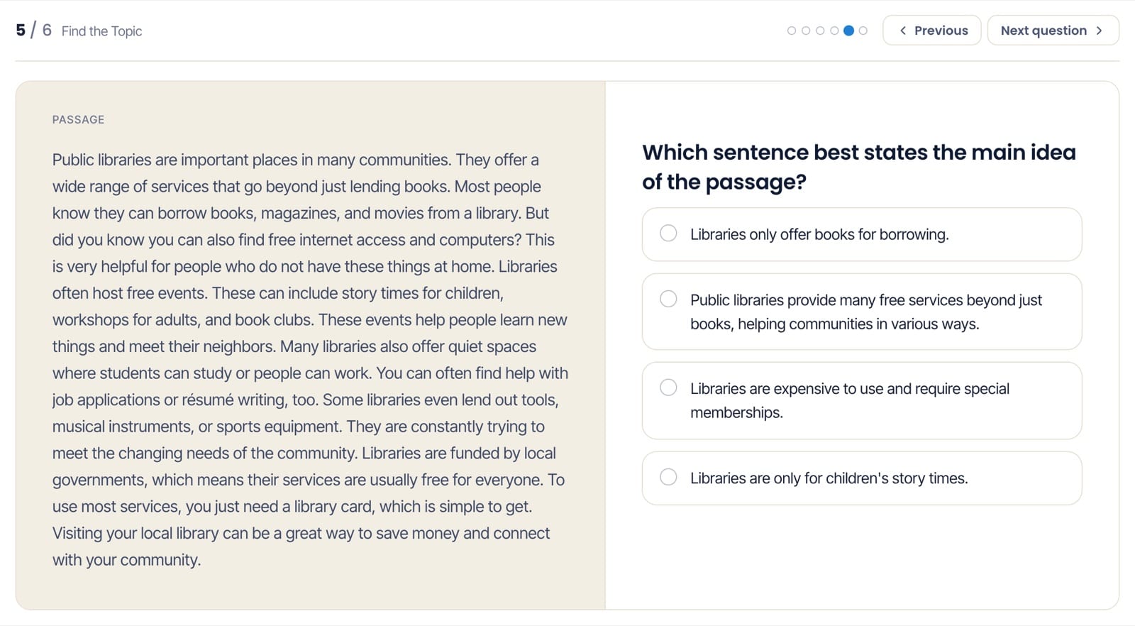 Duolingo Interactive Reading Identify the Idea question screen
