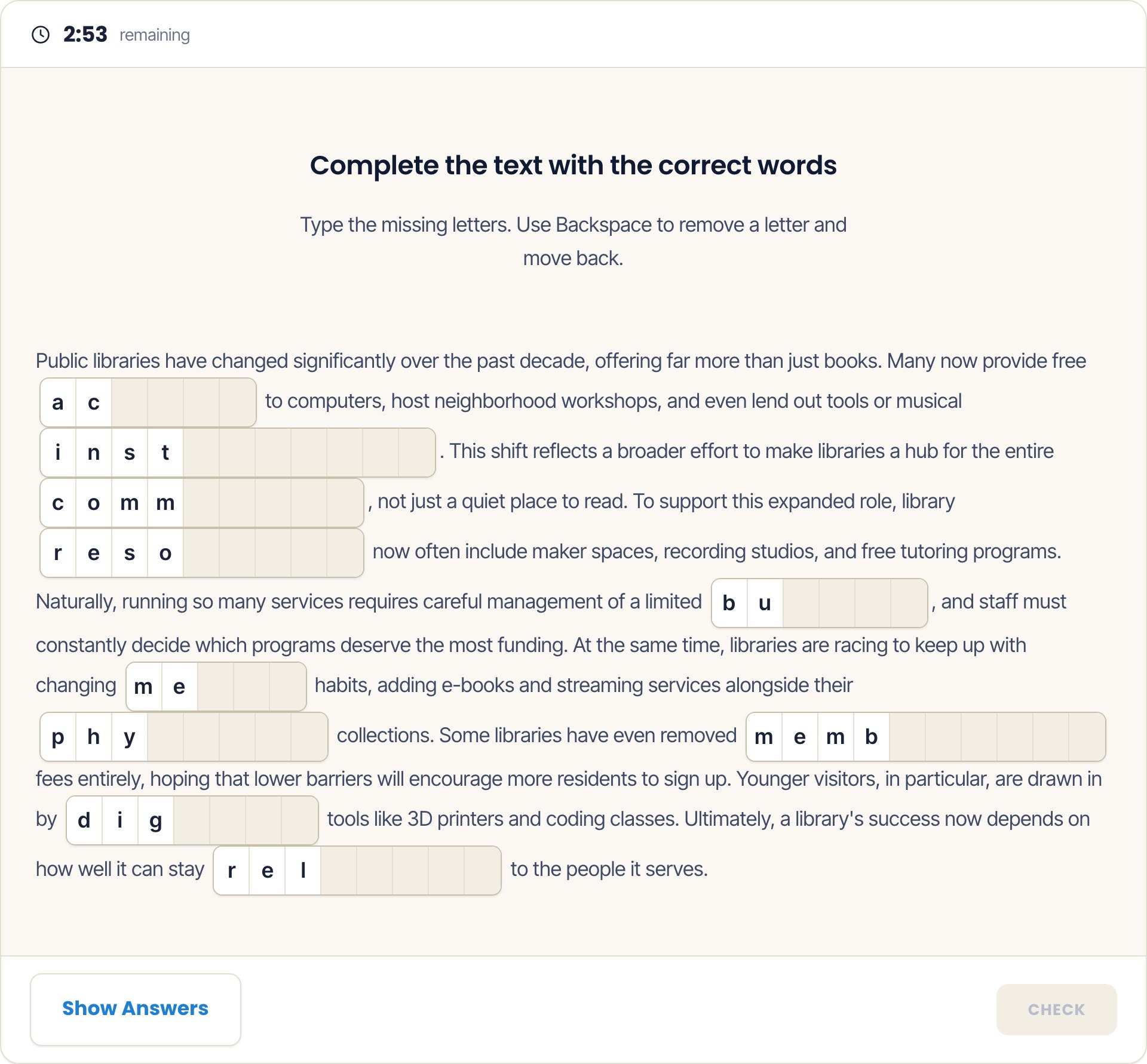 Duolingo Read and Complete question screen