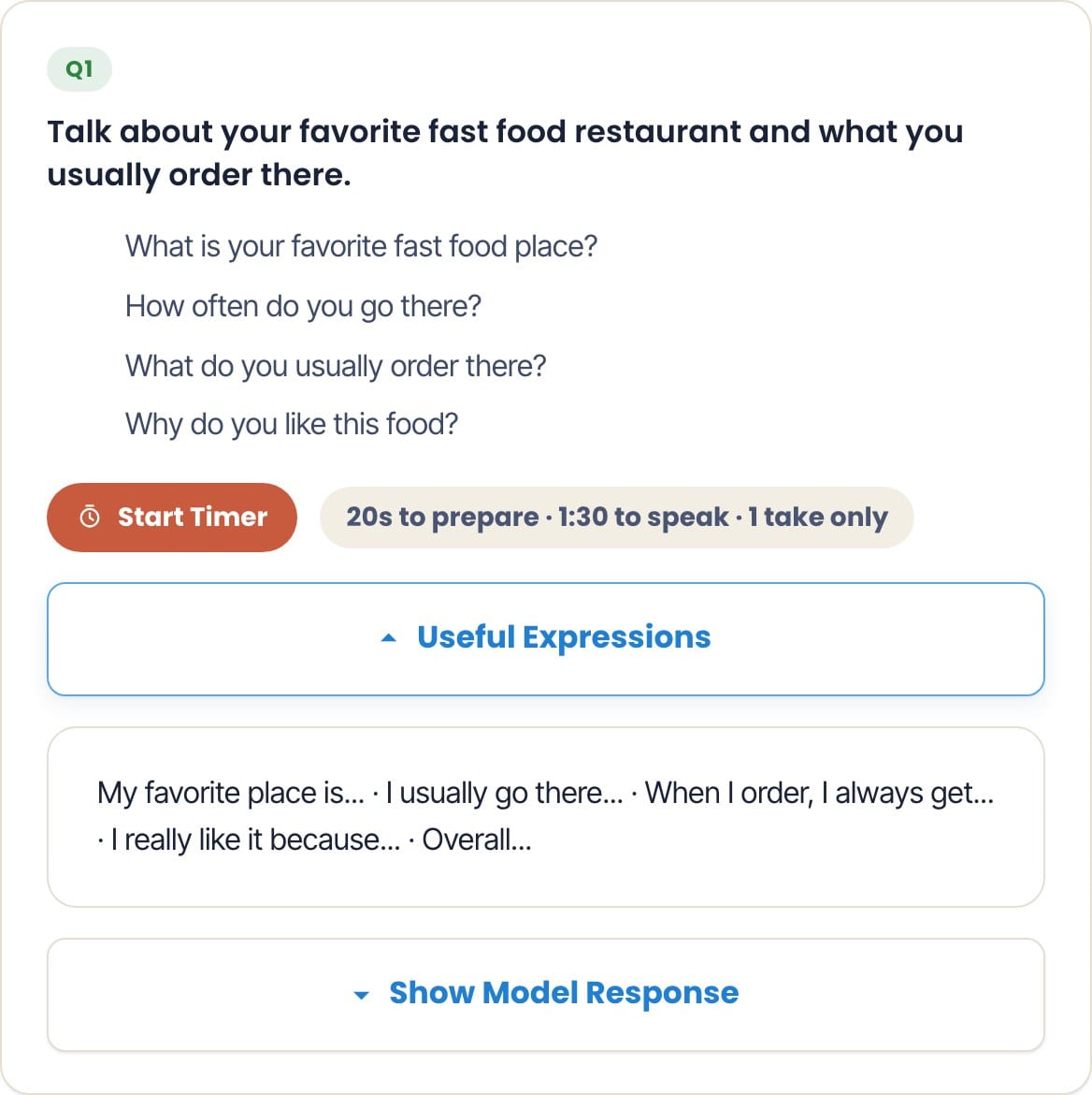 Useful expressions and the model response on the practice screen