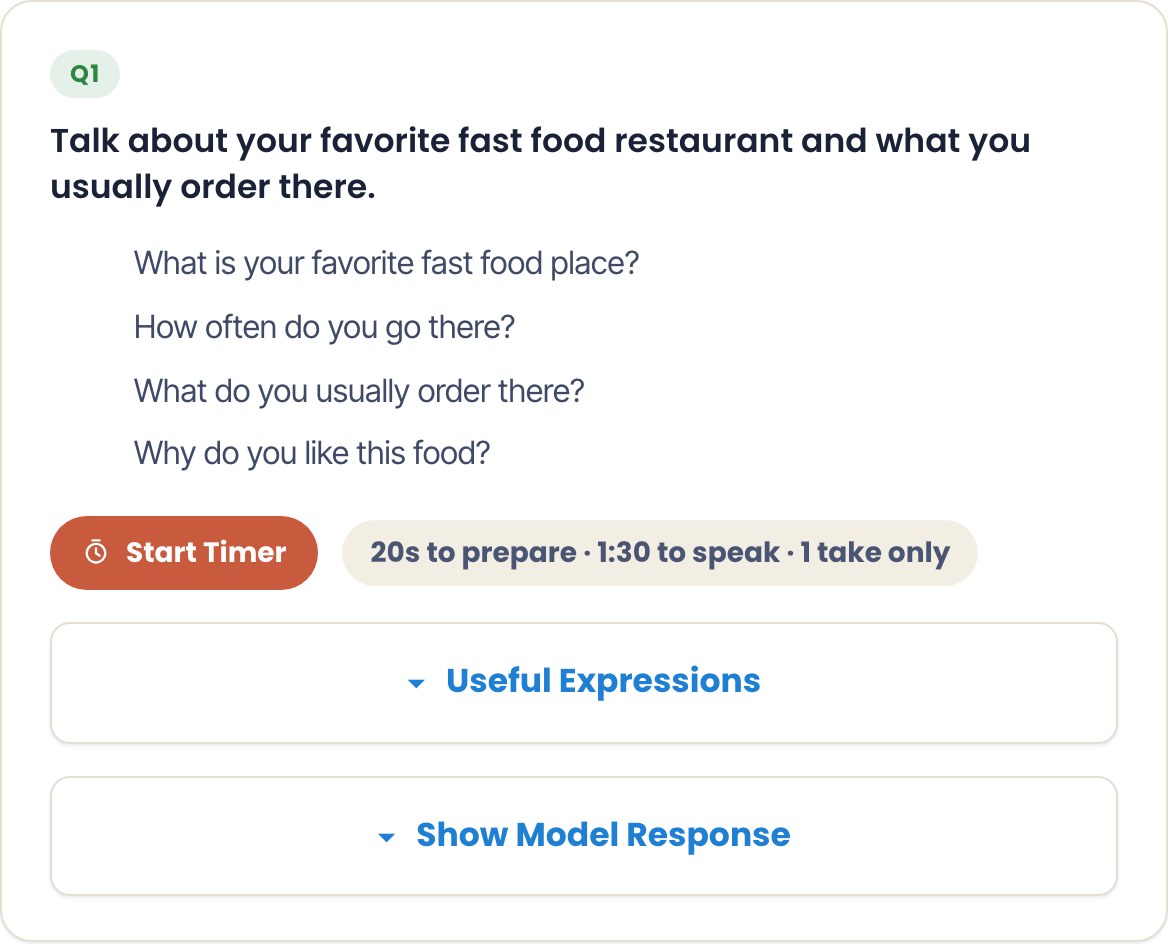 The real task screen of set 1 in the testpracticelab Duolingo Read, Then Speak practice