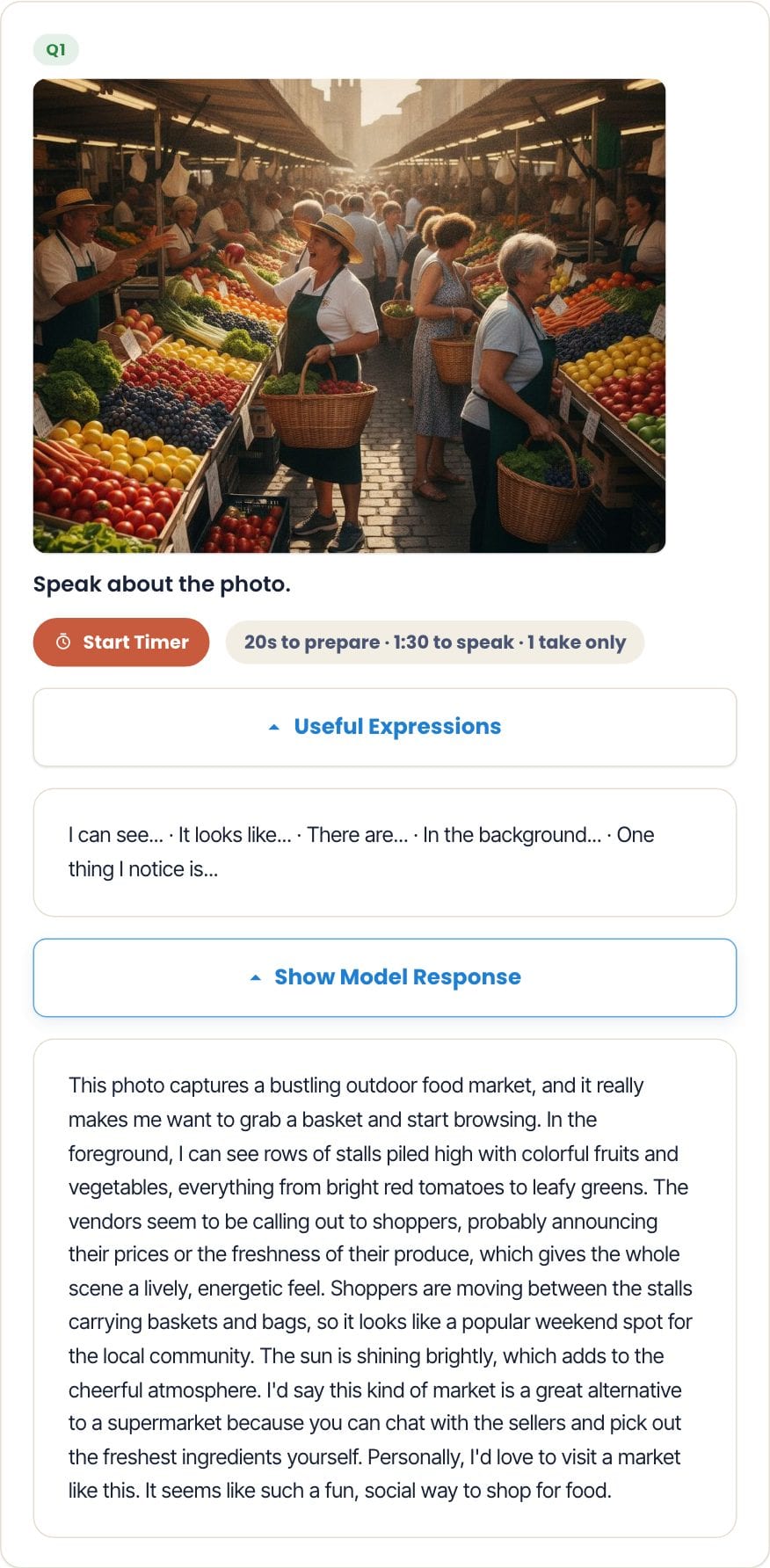 Useful expressions and the model answer on the practice screen