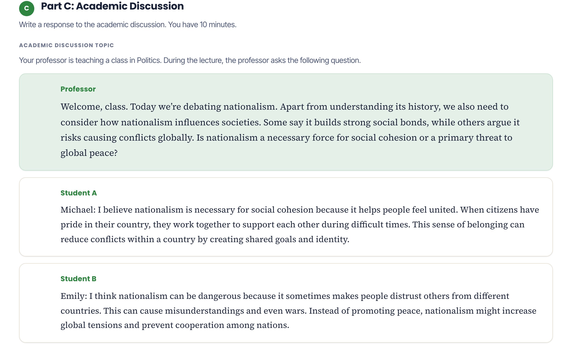 TOEFL Academic Discussion task screen