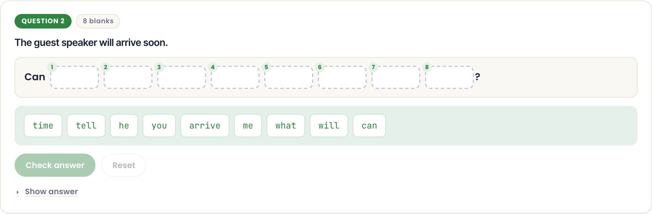 TOEFL Build a Sentence question screen