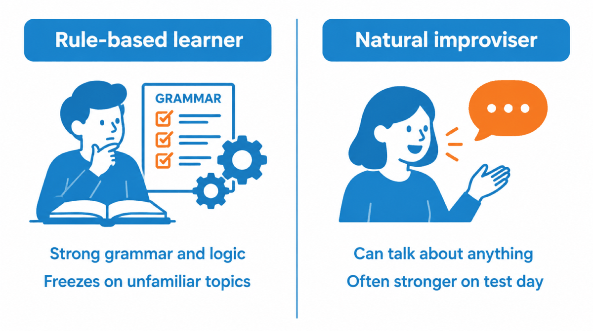Infographic comparing a rule-based learner with strong grammar who freezes on unfamiliar topics and a natural improviser who can talk about anything
