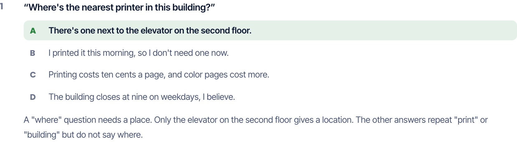 Choose a Response question 1 on the testpracticelab Full Test 001 answer page. On the real test, the quoted sentence is not shown