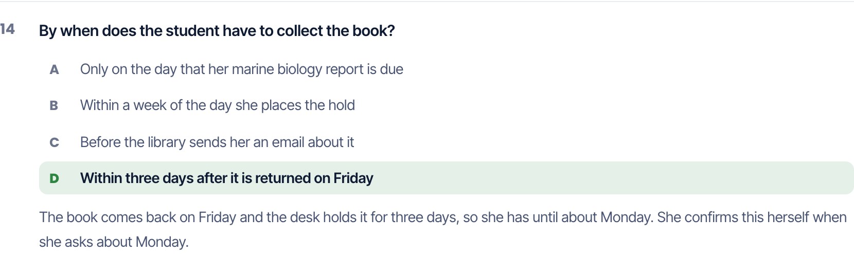The "By when does the student have to collect the book?" question. Returned Friday plus three days at the desk