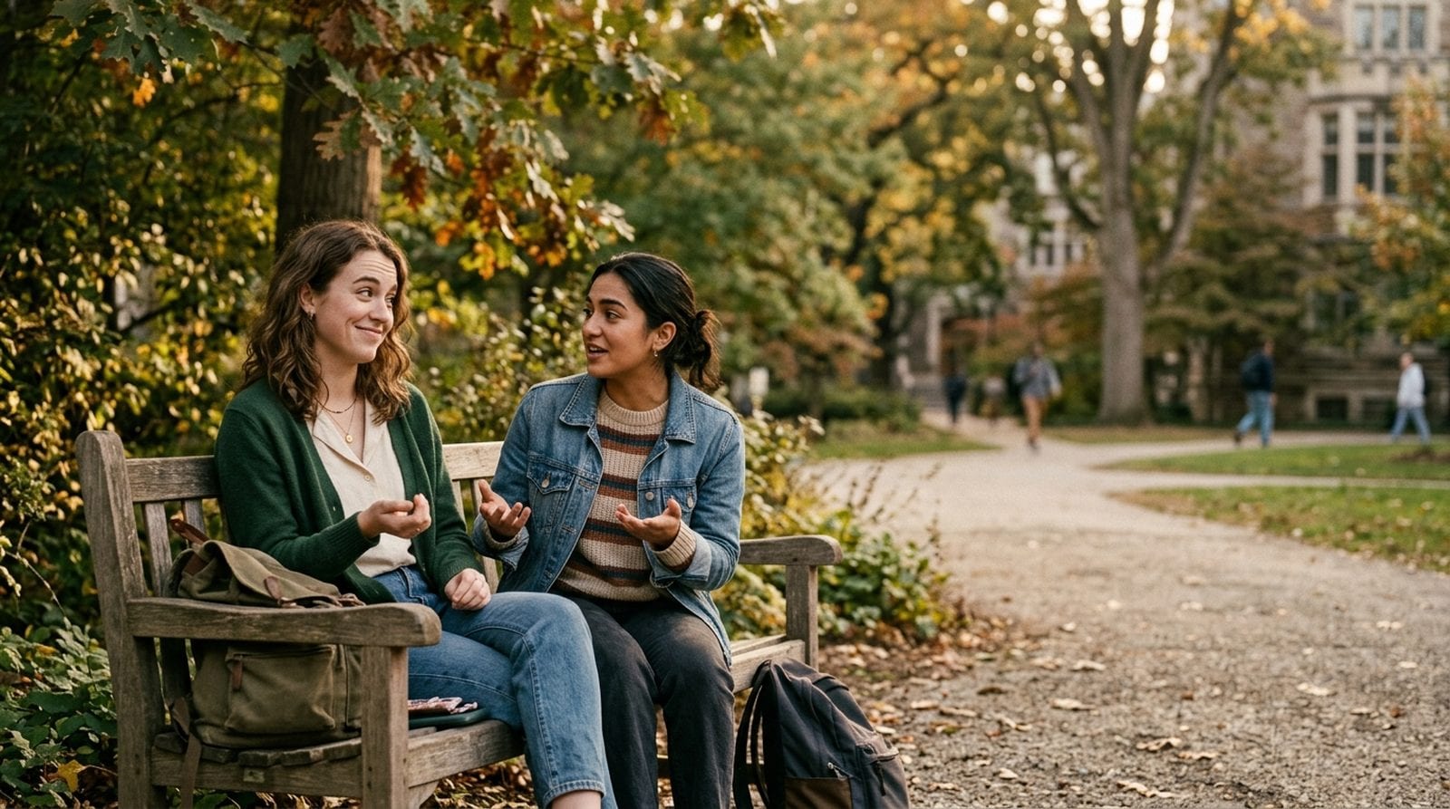 Two students talking and laughing on a campus bench
