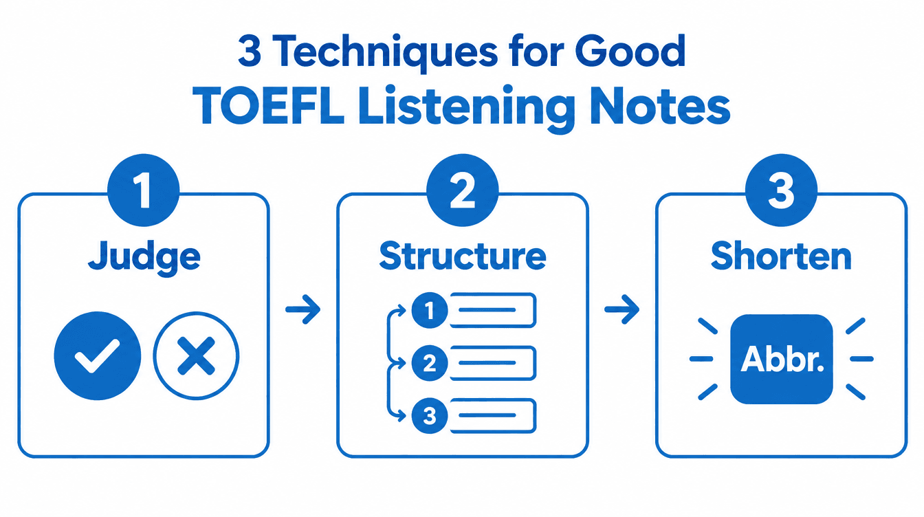 Three techniques for good TOEFL listening notes: Judge, Structure, Shorten
