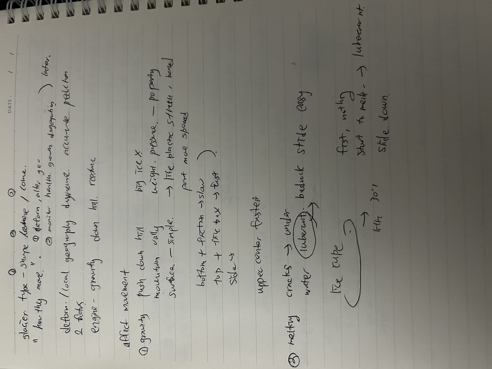 Glacier movement lecture notes, causes numbered and connected to their effects with arrows