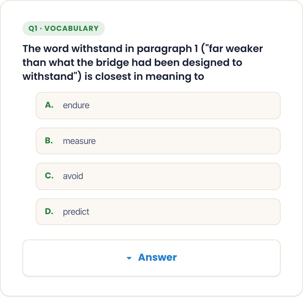 TOEFL Reading vocabulary question screen