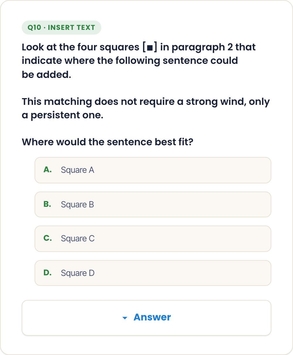 TOEFL Reading Insert Text question screen