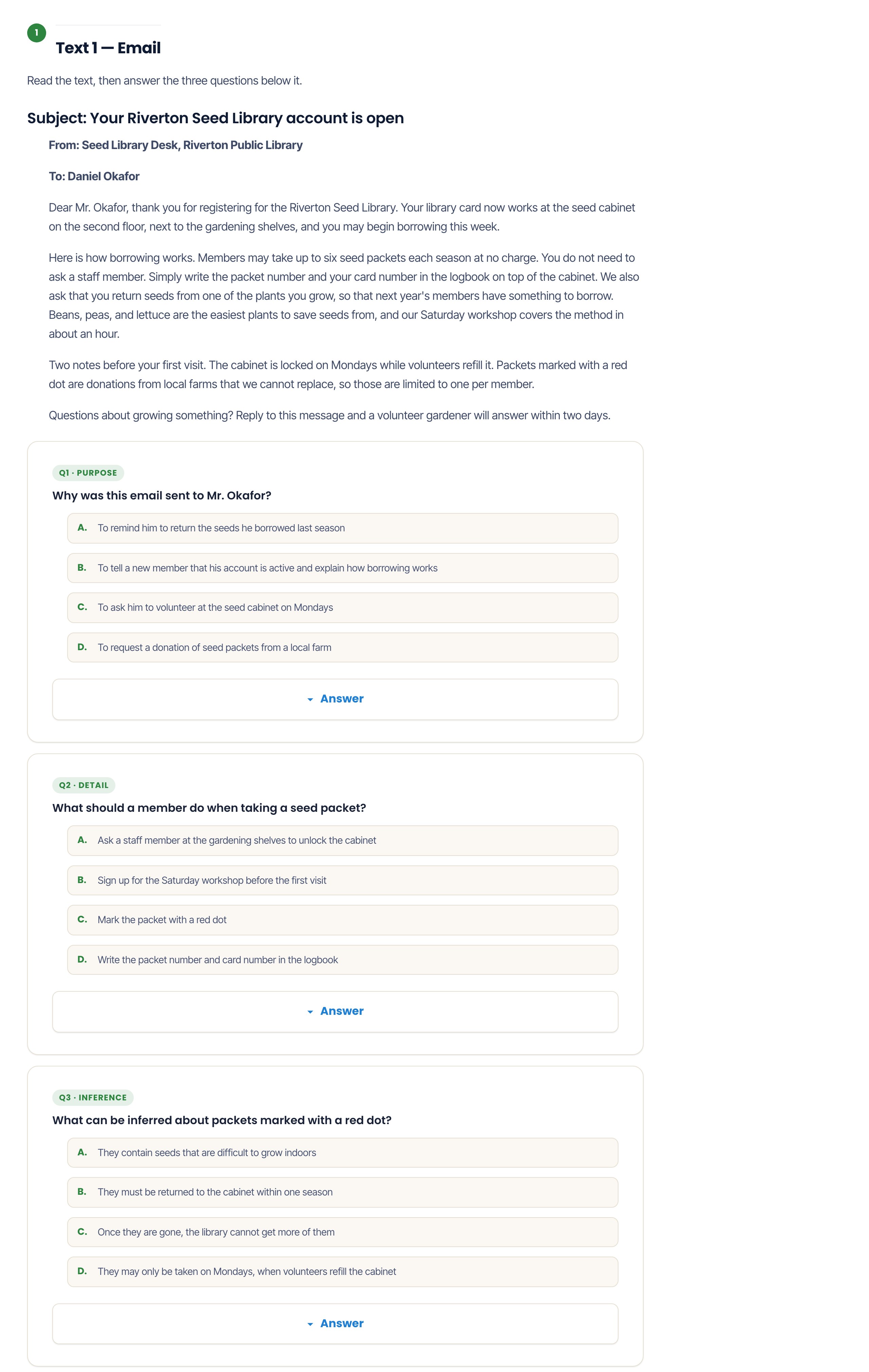 TOEFL Read in Daily Life email passage and question screen