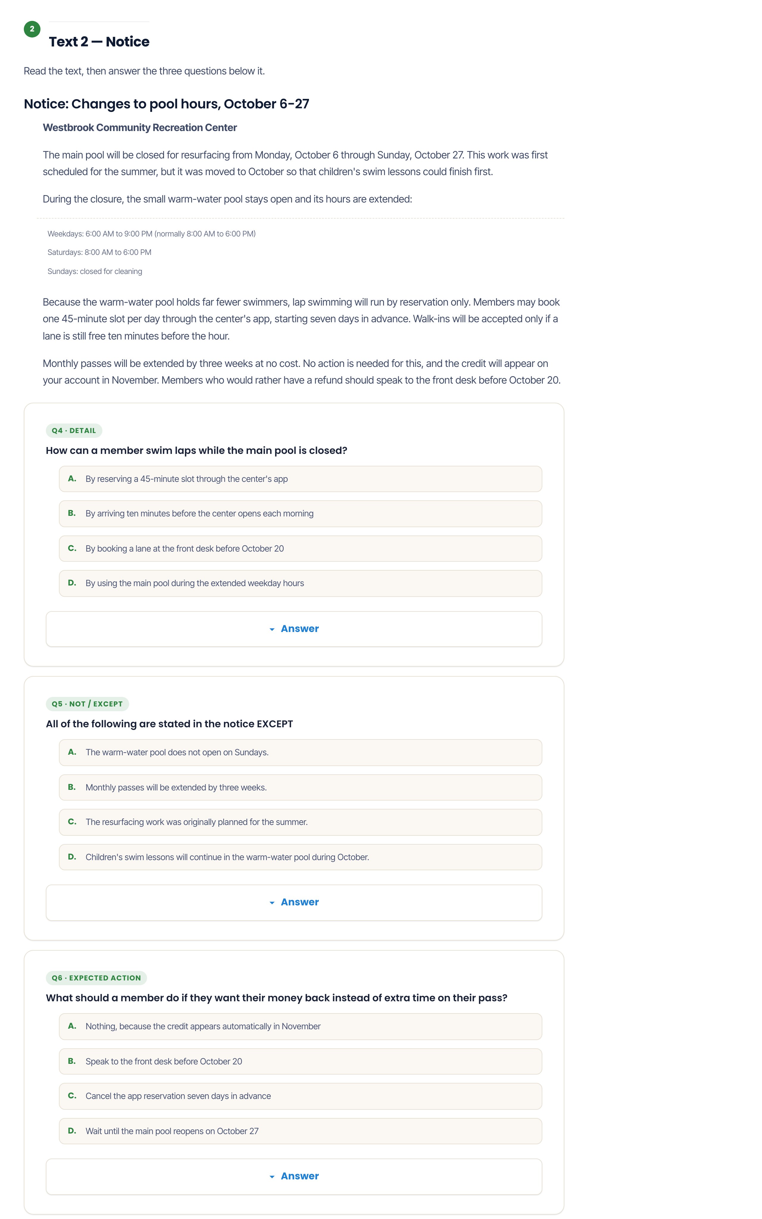 TOEFL Read in Daily Life notice passage and question screen