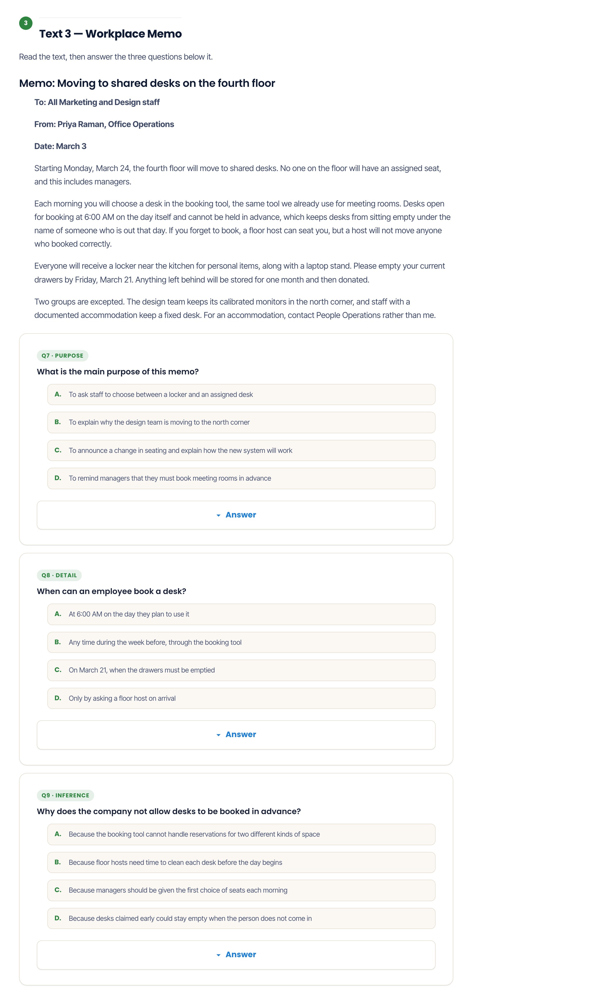 TOEFL Read in Daily Life workplace memo passage and question screen