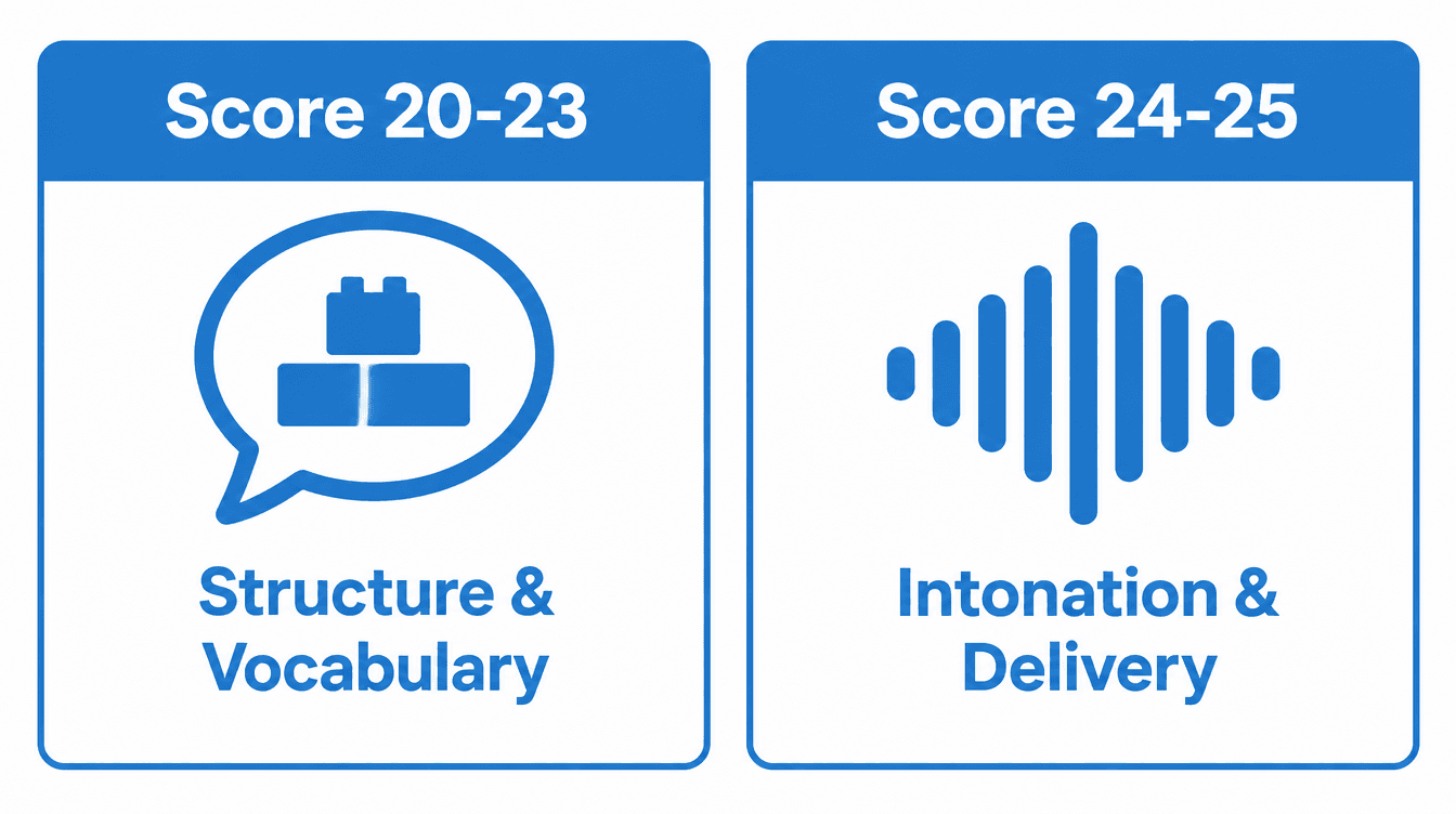 Infographic comparing TOEFL Speaking plateaus: score 20-23 needs structure and vocabulary, score 24-25 needs intonation and delivery