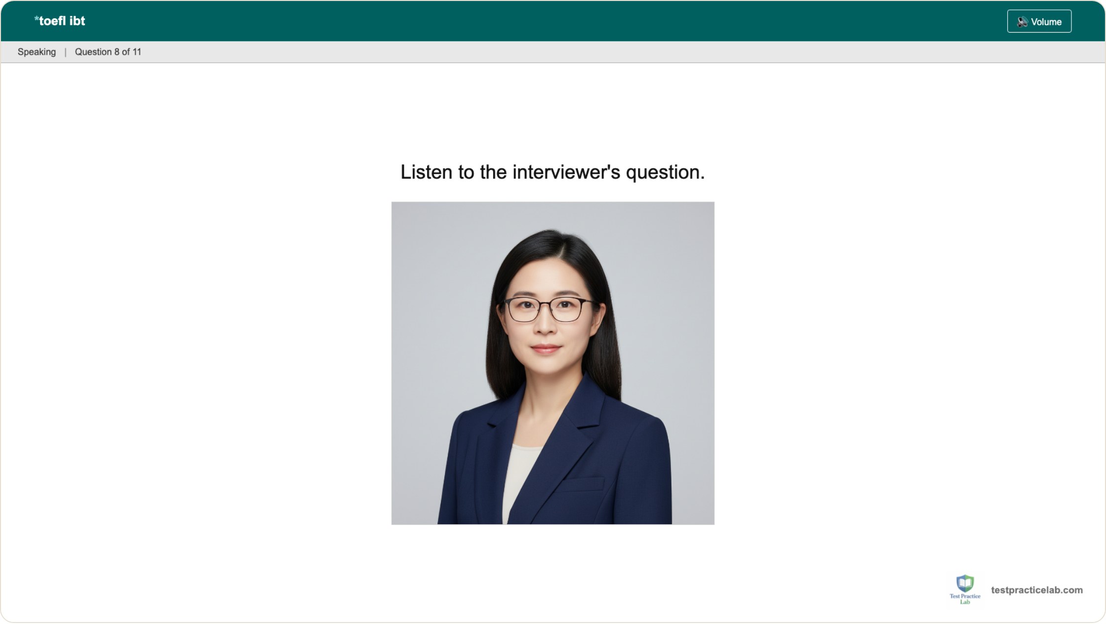TOEFL Take an Interview practice screen with the interviewer photo and the line Listen to the interviewer's question