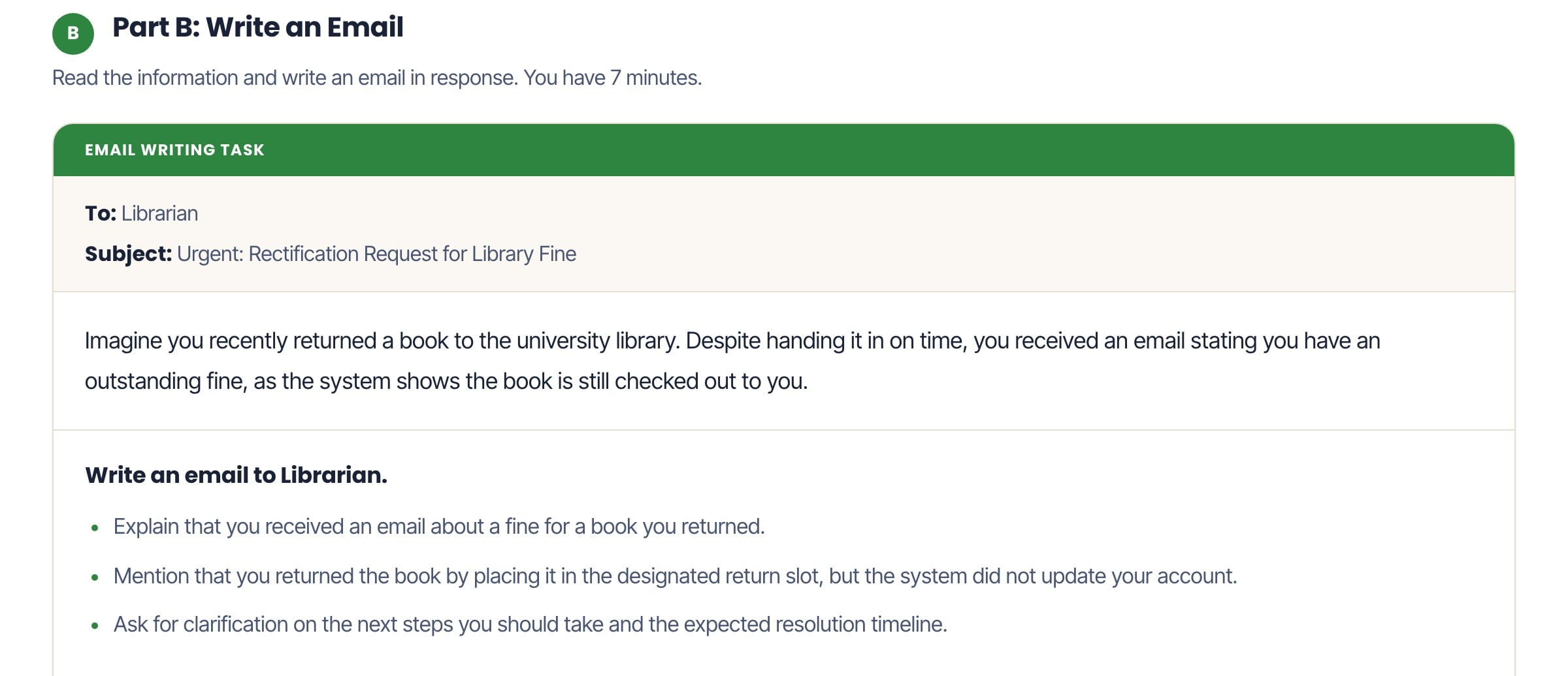 TOEFL Write an Email task screen