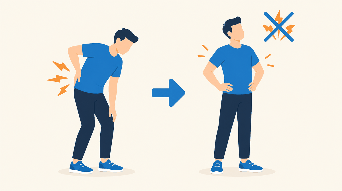 A person bent over with back pain, then standing upright and smiling after exercise