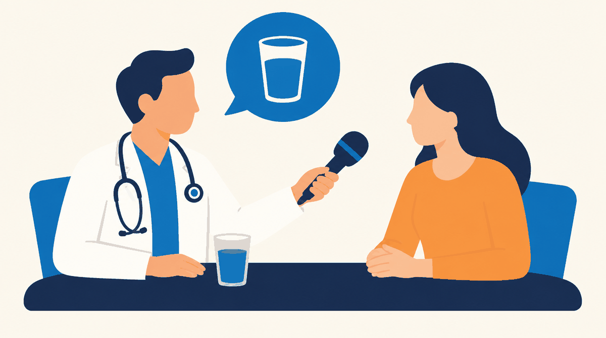 A doctor in an interview recommending a glass of water
