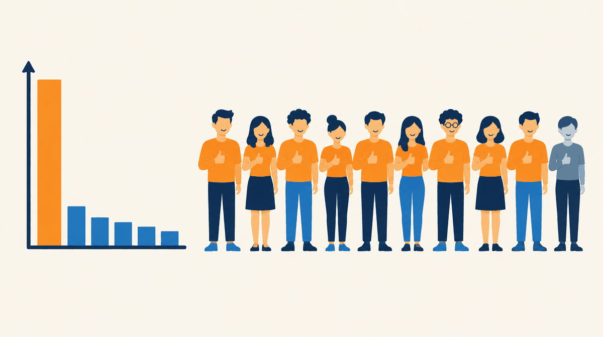 A bar chart and a row of customers, almost all giving a thumbs up