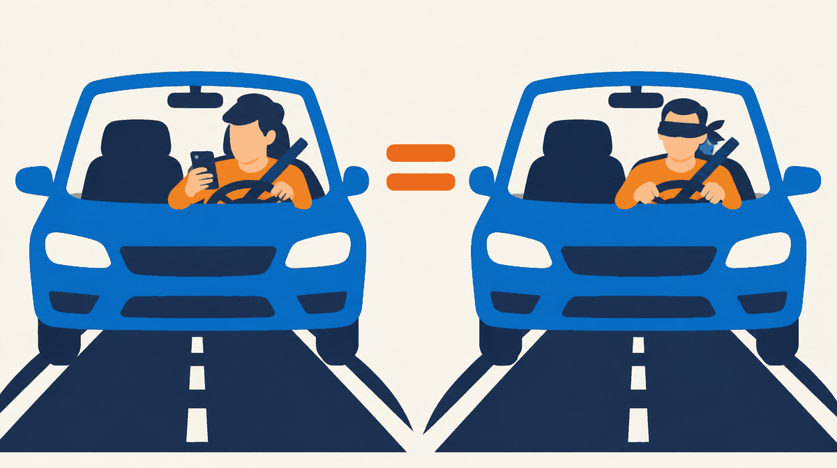 Driving while looking at a phone shown as equal to driving blindfolded