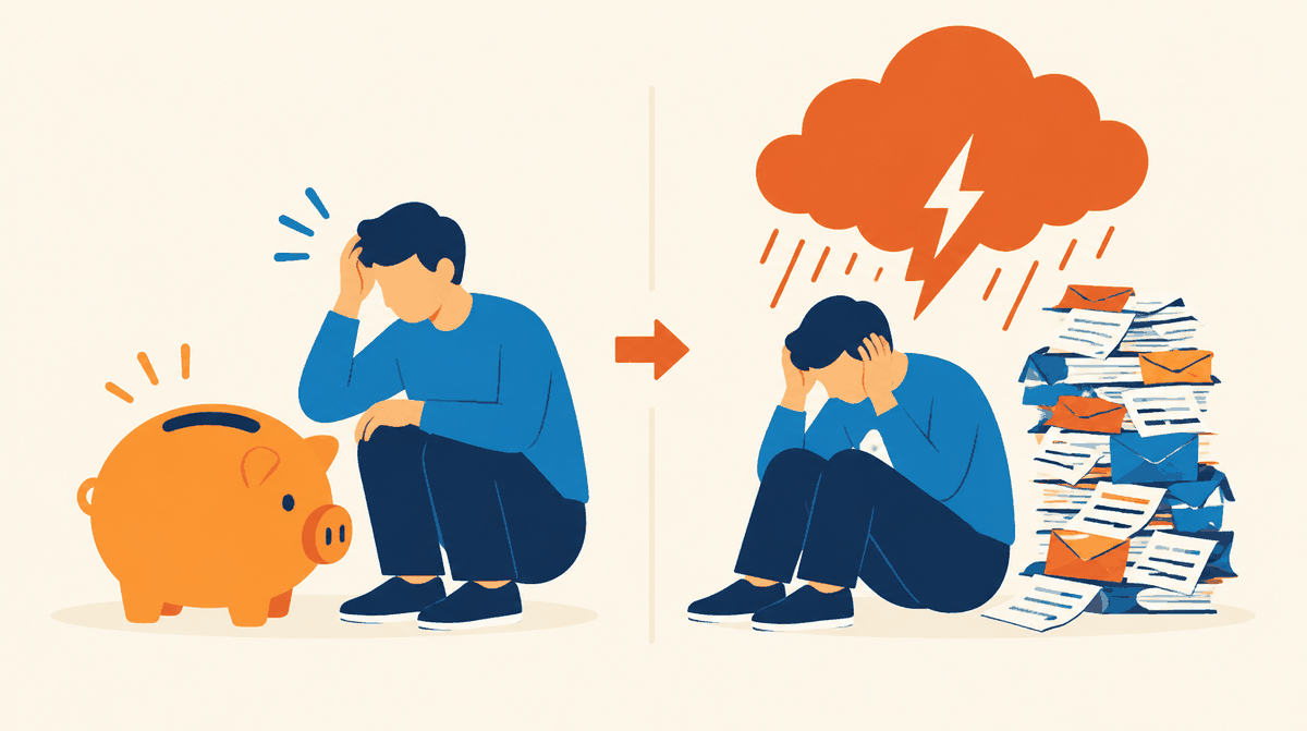 An empty piggy bank, then a storm cloud over a pile of unpaid bills