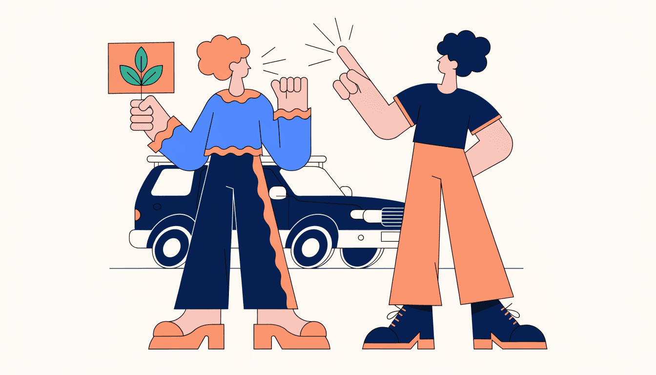 Two people arguing: one holds a plant sign, the other points at the first person's big SUV