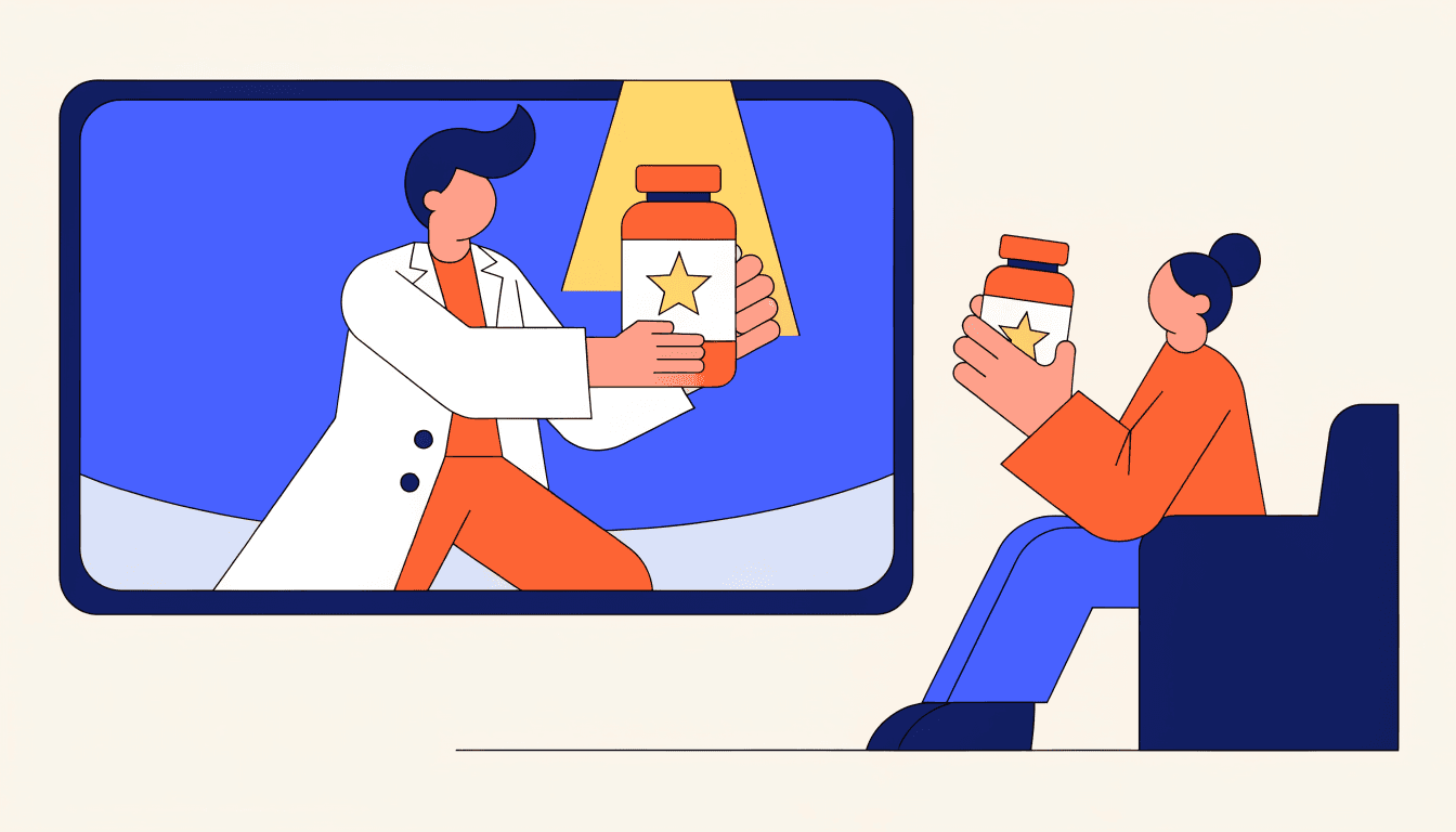 A TV doctor holding a medicine bottle while a viewer on the sofa holds the same bottle