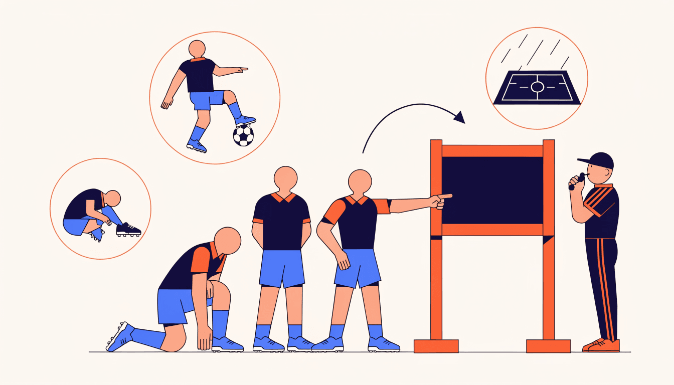 A soccer team looking at a lost scoreboard while blaming the referee, with other causes faded in the background