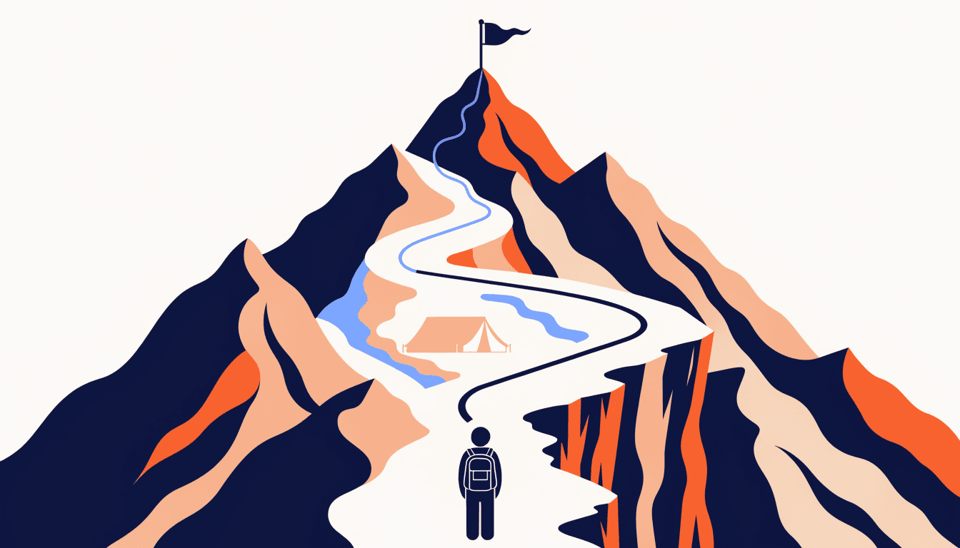 A mountain with a summit flag and a cliff, while the winding middle path and camp are ignored
