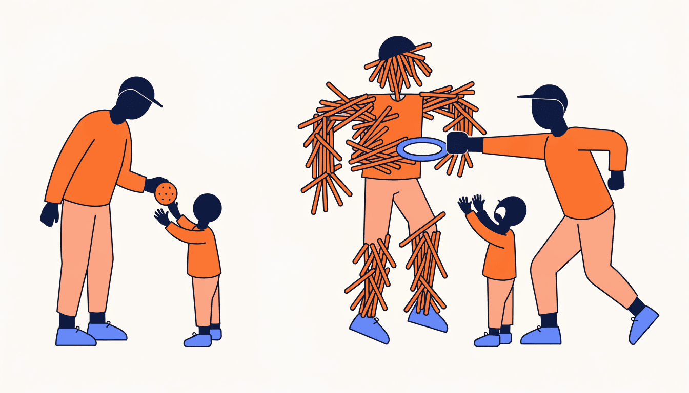 A parent giving a child a cookie, next to a straw scarecrow version being punched