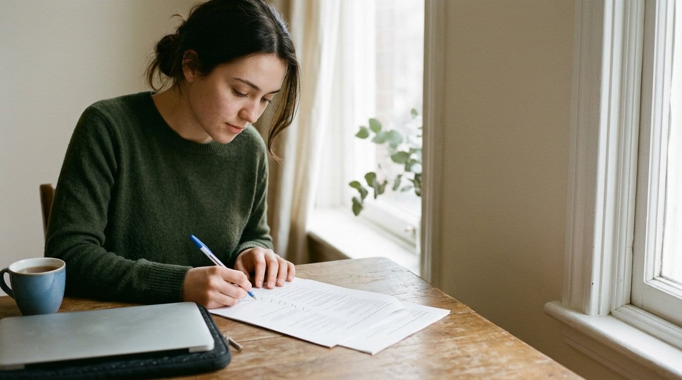 A student marking a printed list of TOEFL writing transition words with a blue pen