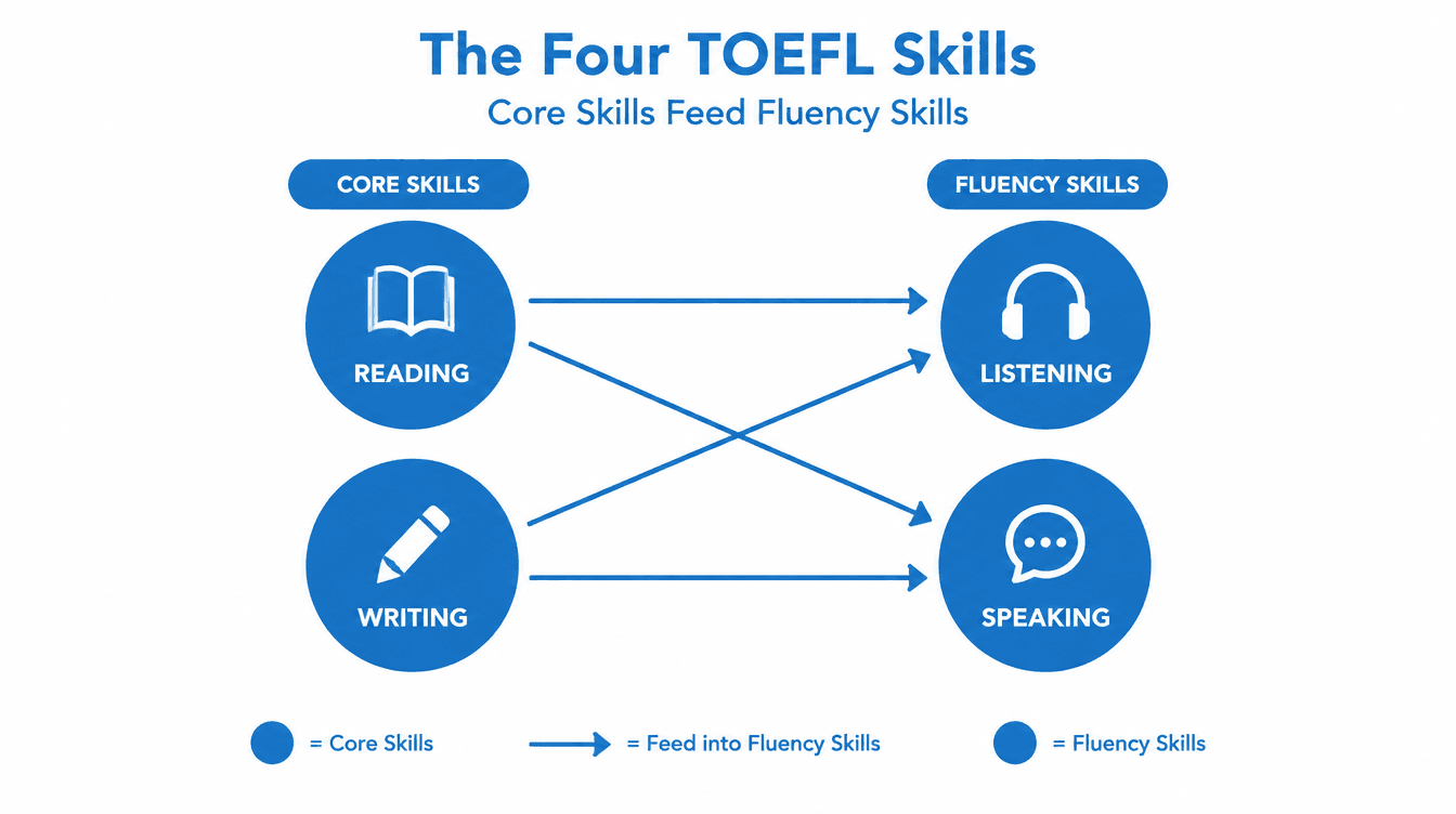 Diagram showing reading feeding into listening and writing feeding into speaking