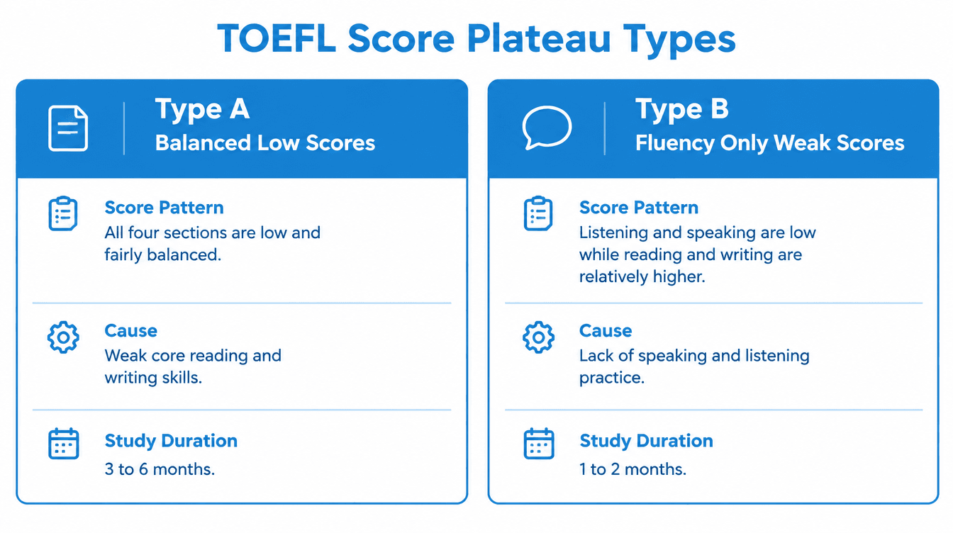 Comparison cards summarizing Type A and Type B TOEFL score plateaus