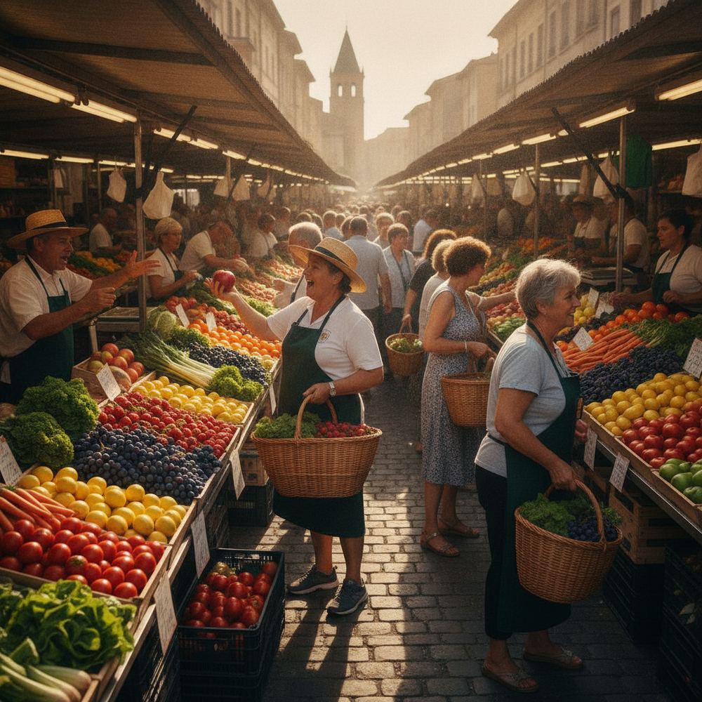 A busy outdoor food market with colorful fruit and vegetable stalls. Vendors are calling out to shoppers. Shoppers carry baskets and bags. The sun is shining an