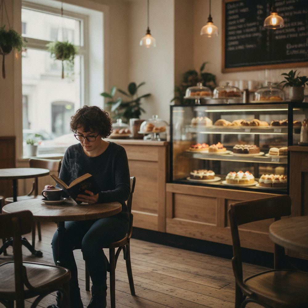 A cozy café with wooden tables and chairs. A person is sitting alone, drinking coffee and reading a book. There are pastries and cakes displayed in a glass case
