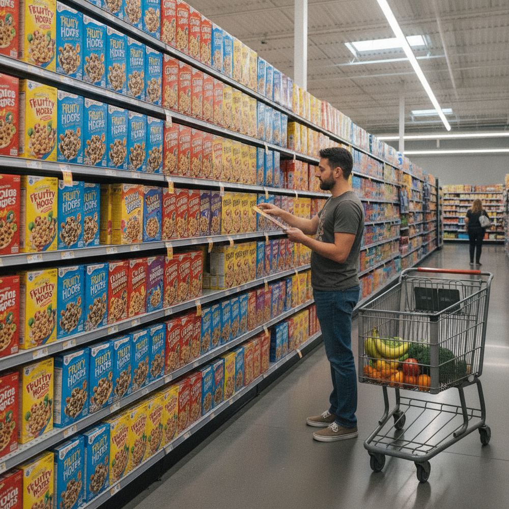 Inside a grocery store, a person is looking at shelves of colorful cereal boxes. Their shopping cart already has some fruits and vegetables. The store is well-l
