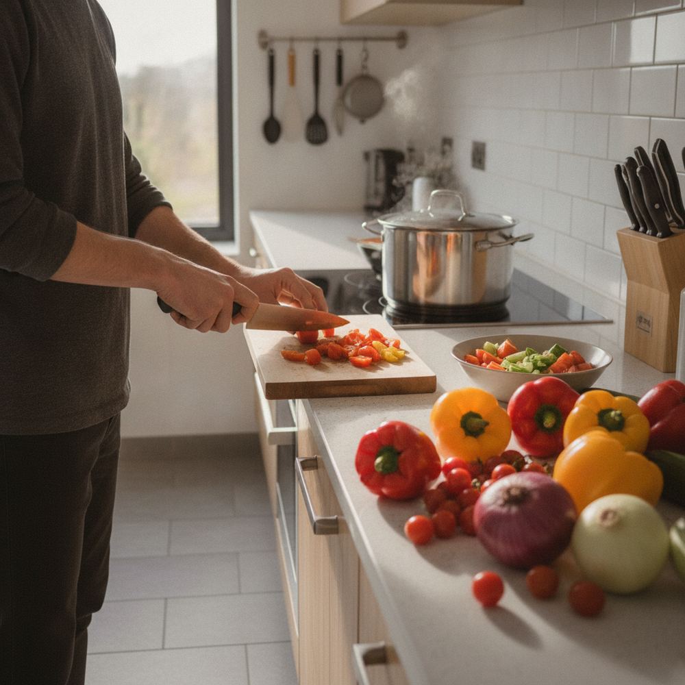 A bright kitchen with a person chopping vegetables on a cutting board. There are colorful peppers, tomatoes, and onions on the counter. A pot is on the stove in