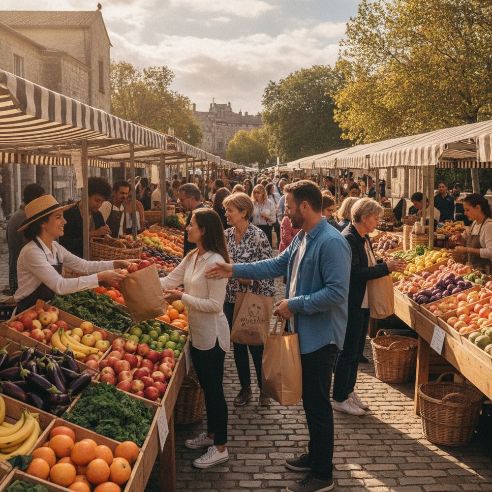 An outdoor farmer's market with many stalls selling fresh fruits and vegetables. People are walking around and looking at the produce. A vendor is handing a bag