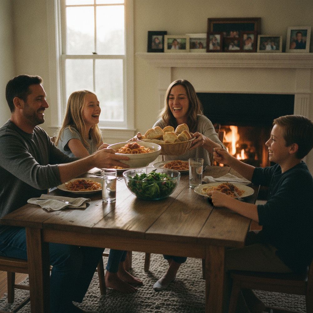 A family of four sitting around a dinner table, smiling and passing dishes of food to each other. There are plates of pasta, bread, and salad on the table. The