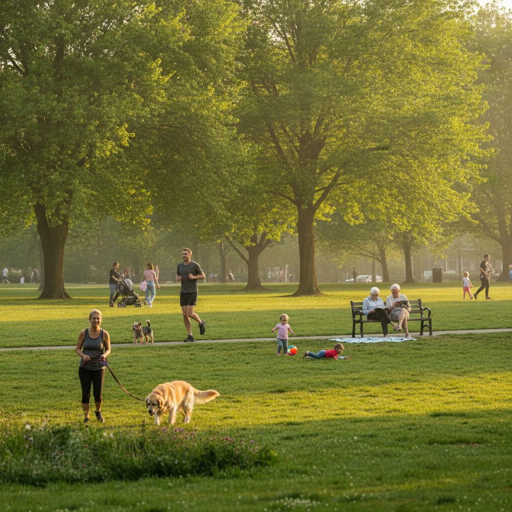 A peaceful park on a sunny morning. Several people are walking their dogs, jogging, or sitting on benches reading. Children are playing on the grass. There are 