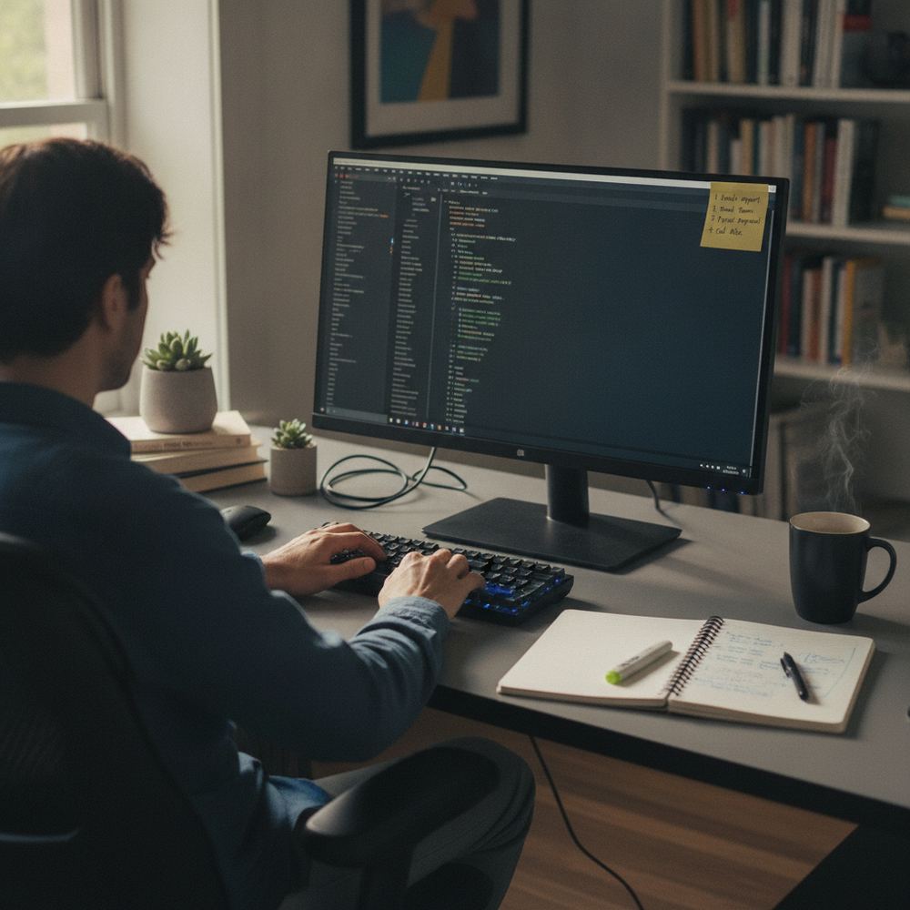 A neat and organized office desk with a computer, a notebook, and a coffee mug. A person is sitting in front of the computer and typing. There is a to-do list s