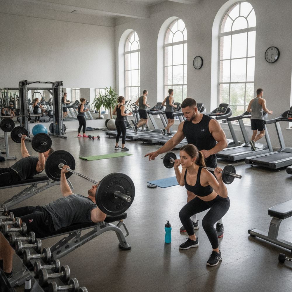 A bright gym with several people working out. Some are lifting weights, others are on treadmills. A personal trainer is showing a young woman how to do an exerc