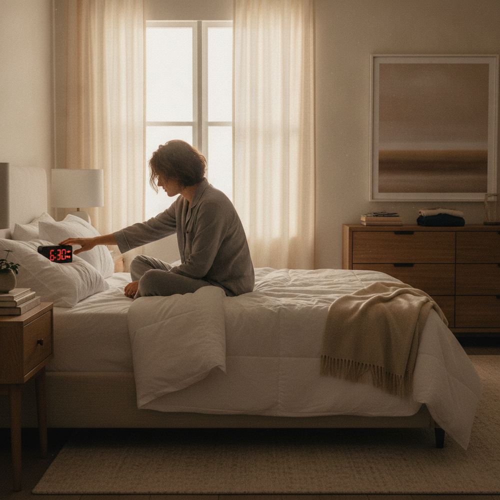 A bedroom with a person sitting up in bed and turning off an alarm clock on the bedside table. Morning light comes through the curtains. The room looks tidy and