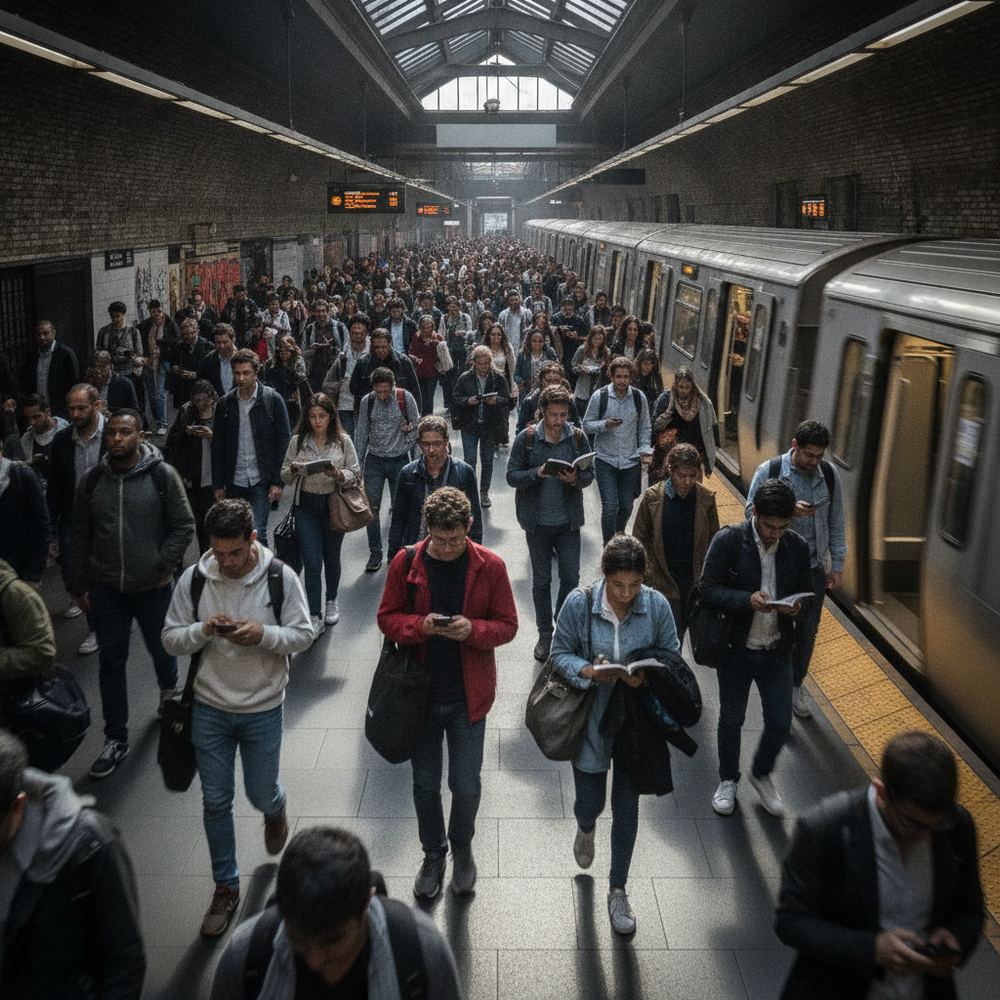 A crowded subway station with many people walking quickly to catch their train. Some people are looking at their phones, and others are reading books. Everyone