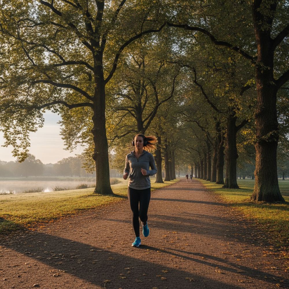 A person jogging in a park in the early morning. The path is lined with trees and the sky is bright. The person is wearing running shoes and headphones.