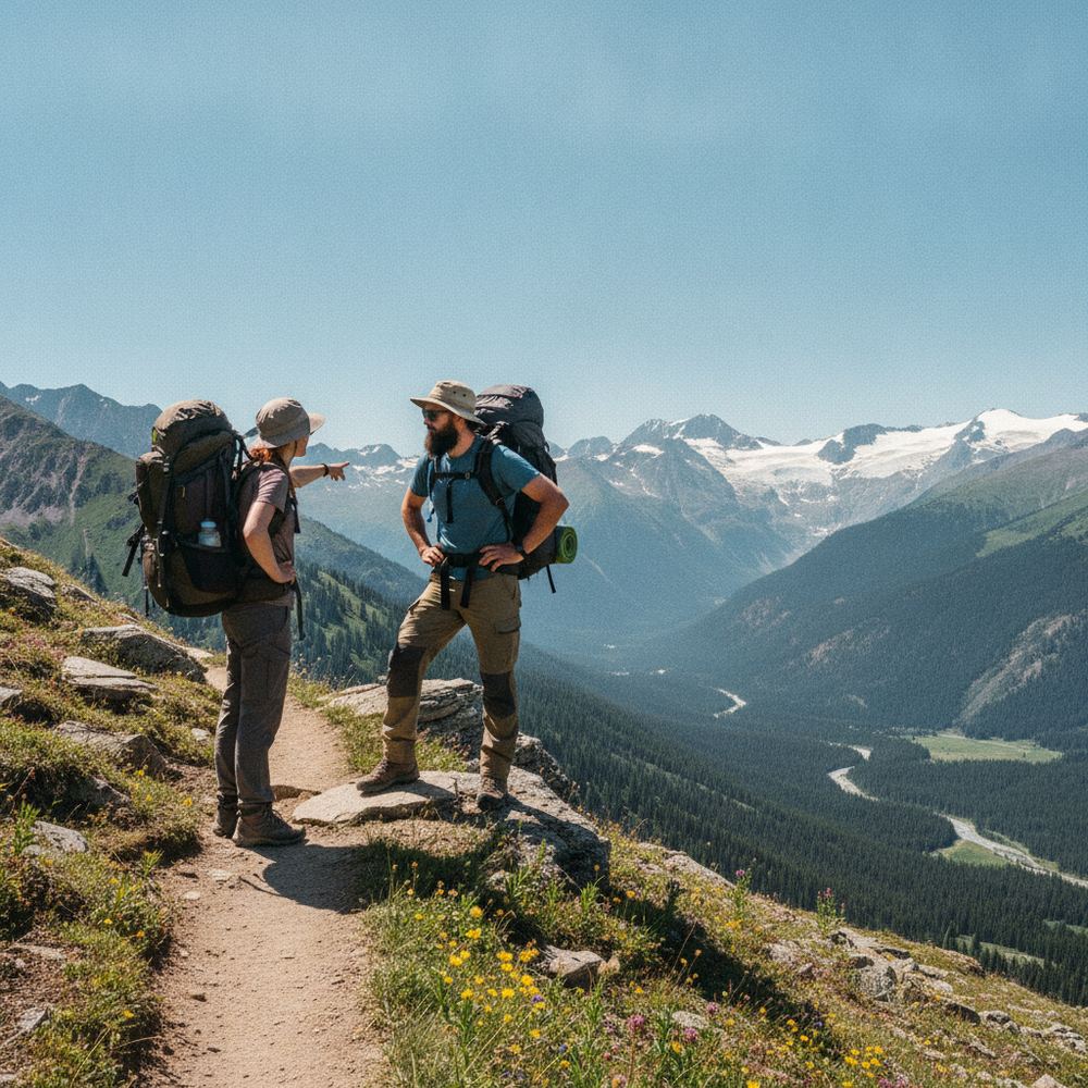 Two hikers on a mountain trail, wearing backpacks and hiking boots, looking out at a vast mountain landscape with clear blue skies.